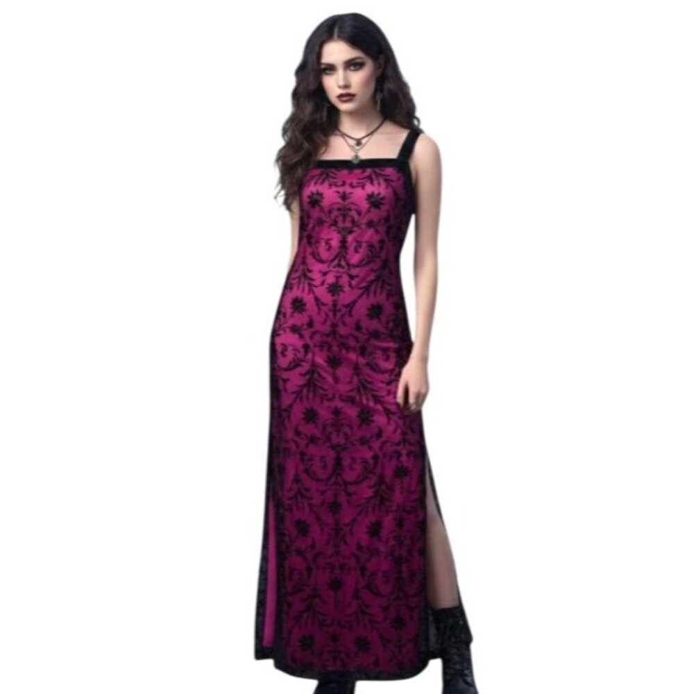 Whimsygoth A-Line Burnout Purple Slip Gown 9/10 Side Slits Vintage Prom Formal